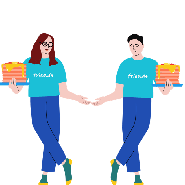 紹介制度のイメージ - 友人同士がケーキを持って挨拶している様子